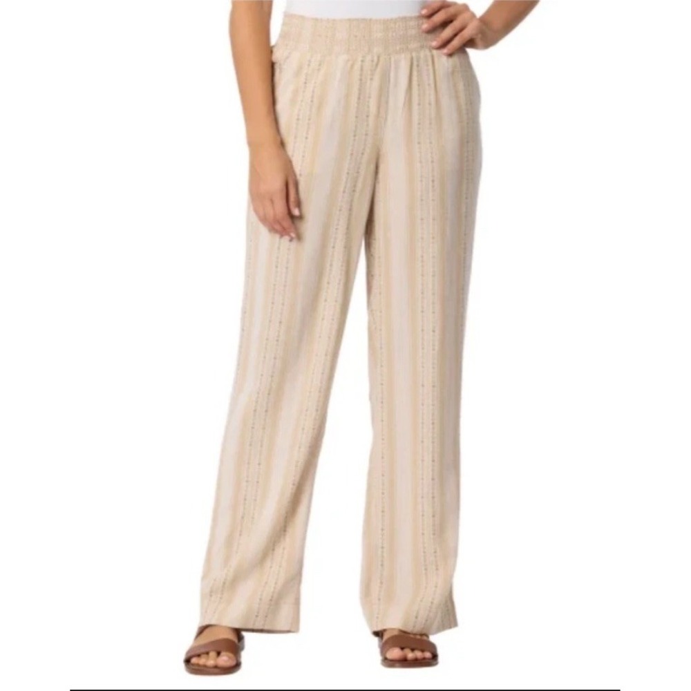 NWT Briggs Linen Blend Pants Women Large Tan Lightweight W/Pockets Elastic Waist